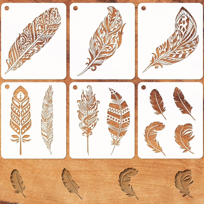 YKW Feather Stencils for Painting, 6 Pack Reusable Boho Feather Templates, DIY Art Supplies for Wall Decor, Fabric, Wood, Canvas - Tribal Bohemian Craft Stencil Set,Mandala Style Fusion - Image 1